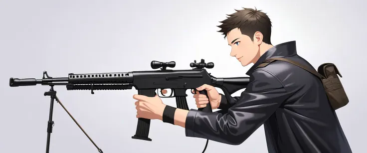 score_9, score_8_up, score_7_up, source_anime, detailed, 8k, cinematic angle, rating from side, safe, Wide-angle lens, a man in Black Trench Coat is holding a submachine gun to viewer,