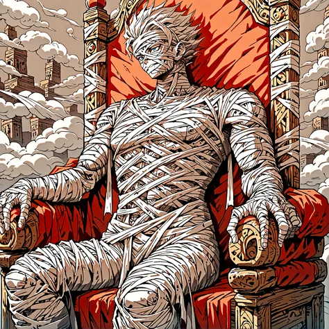 male mummy sitting on throne made of clouds , front perspective