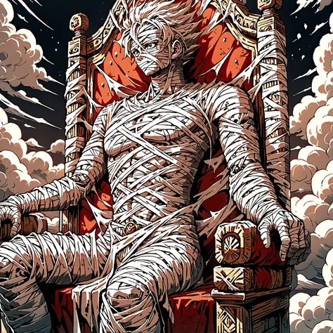 male mummy sitting on throne made of clouds , front perspective