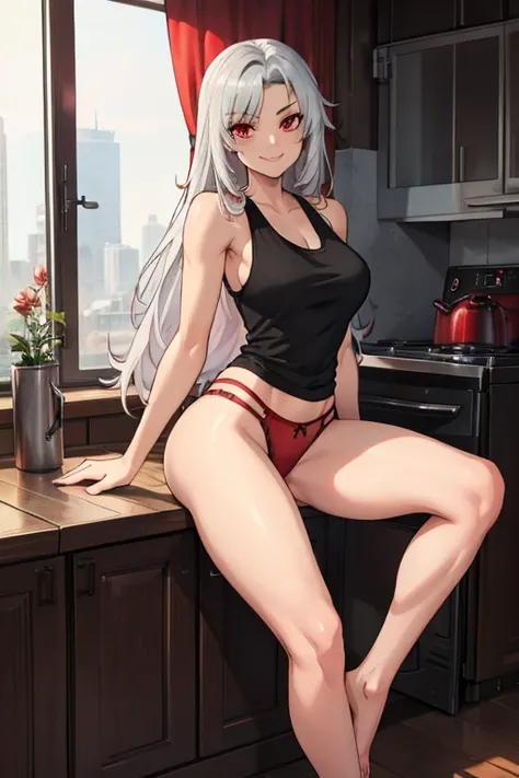 female, silver long hair, red eyes, (((1girl))), (((black tank top))), (red panties), cute and sexy, full body, large breasts, large butt, long legs, smiling