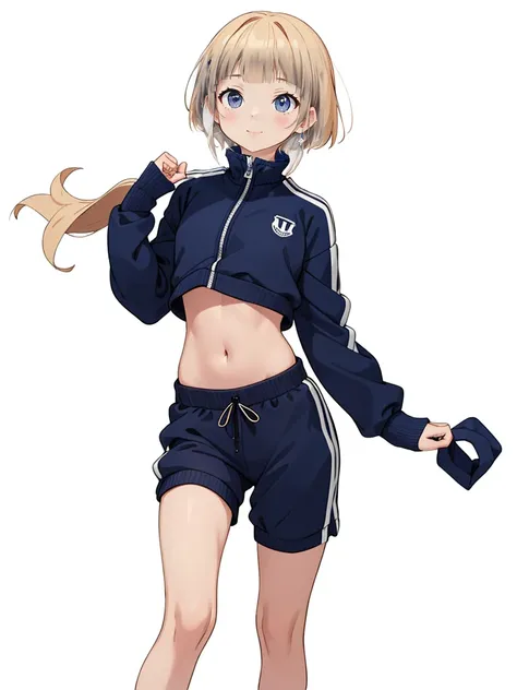 whole body、Shortcuts、Navy blue tracksuit、Black shorts、Navel visible、Dynamic Napause、Blonde Hair、Girl&#39;s Room、Navy blue tracksuit、Blonde Hair、Shortcuts、Side hair is curled inward、Curly hair along the jawline、Navy blue jersey_White line with thin yellow b...