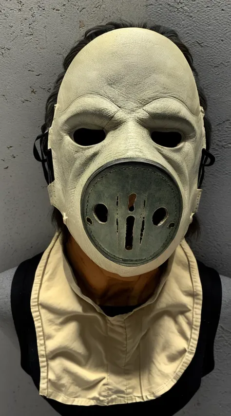 A realistic, detailed leather mask inspired by Leatherface from The Texas Chainsaw Massacre, isolated on a plain background, showing only the mask with no character or face,A mask made of human facial leather,Aged mask