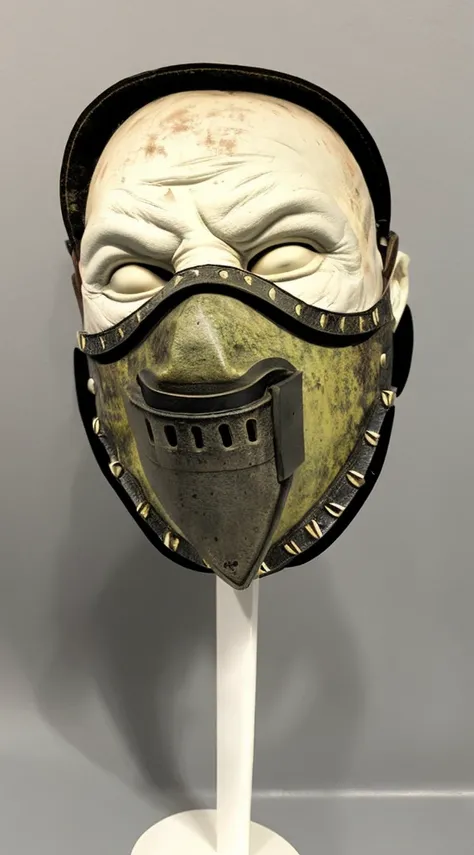 A realistic, detailed leather mask inspired by Leatherface from The Texas Chainsaw Massacre, isolated on a plain background, showing only the mask with no character or face,A mask made of human facial leather,Aged mask