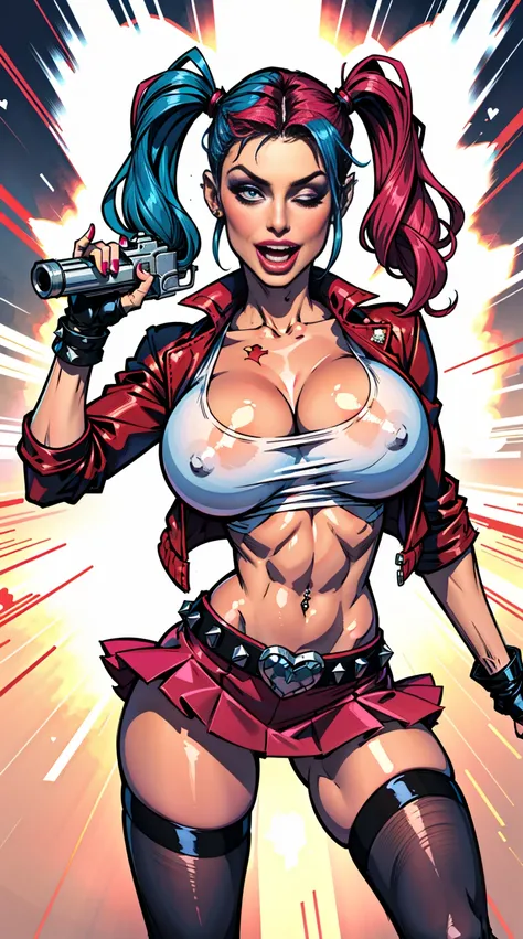 Harley Quinn, 1girl, solo, long hair, breasts, smile, open mouth, skirt, thighhighs, gloves, navel, holding, twintails, jewelry, blue hair, jacket, weapon, pink hair, heart, multicolored hair, one eye closed, shorts, midriff, belt, miniskirt, fingerless gl...