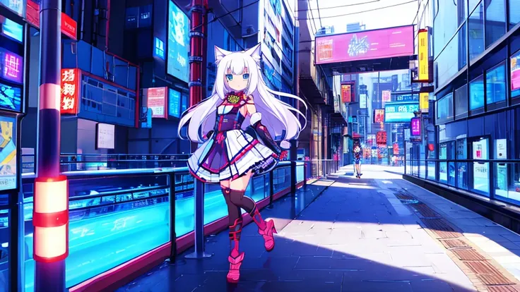 1 beautiful girl, great image quality ,nekomimi, with lots of detail, ray tracing, in a gaming,outfit anime, long stockings, blue eyes, white hair, , in a cyberpunk city , perfect anatomy, 