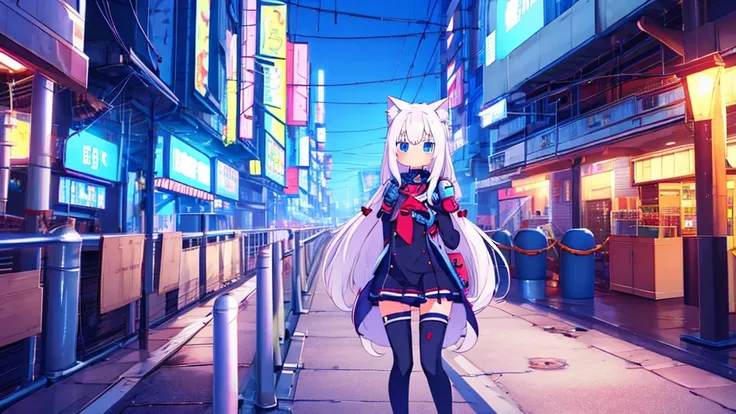 1 beautiful girl, great image quality ,nekomimi, with lots of detail, ray tracing, in a gaming,outfit anime, long stockings, blue eyes, white hair, , in a cyberpunk city , perfect anatomy, 