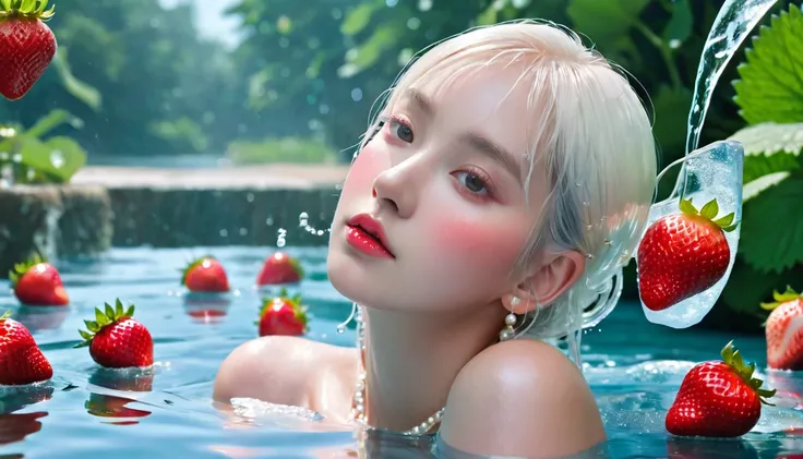 Summer Strawberry Girl，Dopamine teenage， Cool summer days，Ice cubes，The watery girl，Delicate skin，Hydration，Shiny，Shiny，dream，Front view，bust，pearl，Strawberry fruit