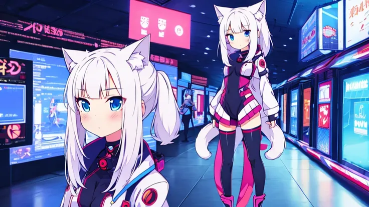 1 beautiful girl, great image quality ,nekomimi, with lots of detail, ray tracing, in a gaming,outfit anime, long stockings, blue eyes, white hair, , in a cyberpunk , perfect anatomy, 