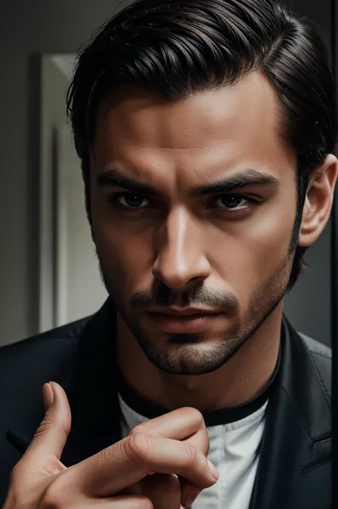 Creat a cinematic realistic image of a man wearing black suit and holding his finger on his lips