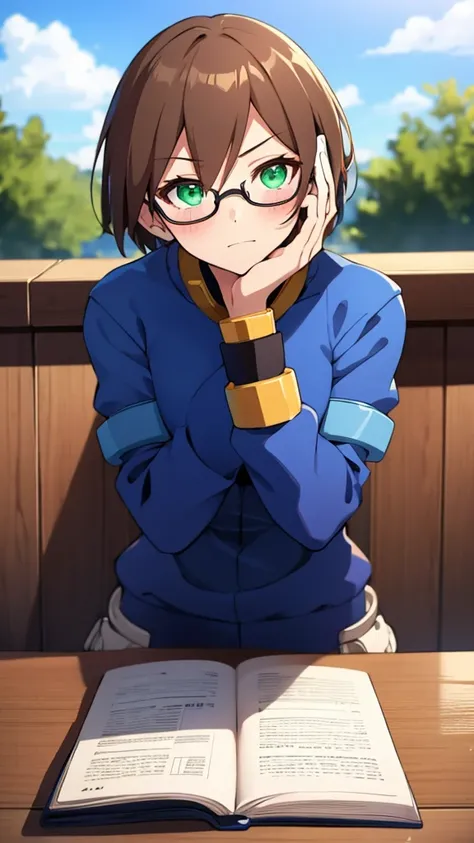 Aile_Megamanzx, 1 Girl, looking at viewer, Brown hair, Green eyes, Sky background , Blushed , Leaning on a table , Glasses , gaming clothes