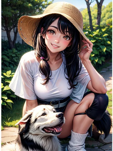 Highest Resolution,Highest quality,Smiling woman and border collie looking at camera,