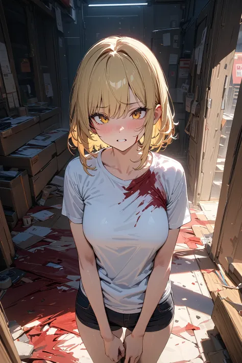 (masterpiece, best quality:1.5), (ultra detailed, high resolution, 8k, beautiful detailed, UHD, best anatomy), blonde hair, medium breasts, 1 cool girl, A frightened look on your face, full body shot, Numerous bloody wounds, Y-shirt