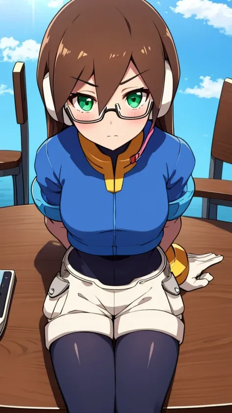 Aile_Megamanzx, 1 Girl, looking at viewer, Brown hair, Green eyes, Sky background , Blushed , Leaning on a table , Glasses , gaming clothes, gaming headphones