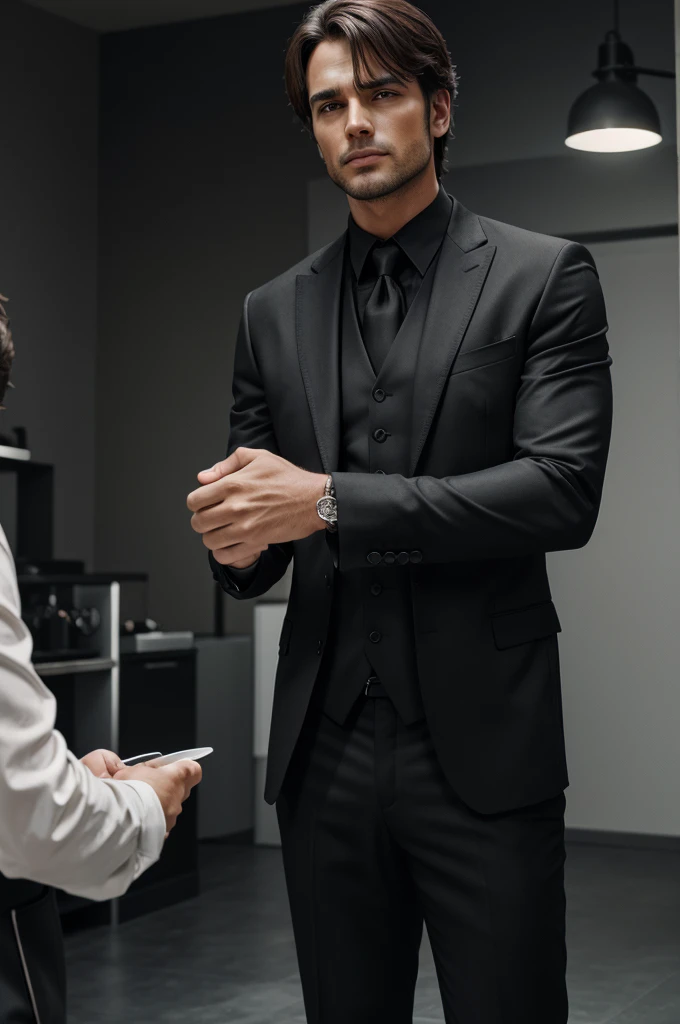 Creat a cinematic realistic image of a man wearing black suit and holding his finger in front of his lips