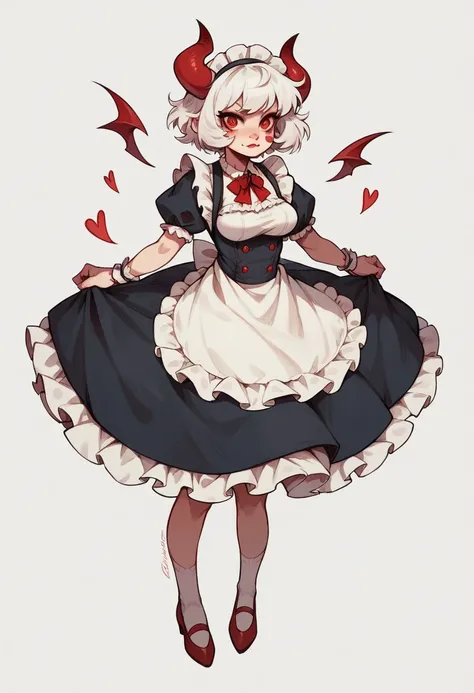 Teenage girl, devil girl, little red horns, white hair, short fluffy hair, big red eyes, pale skin, rosy cheeks, medium breasts, red cheeks, maid outfit. white background, full body