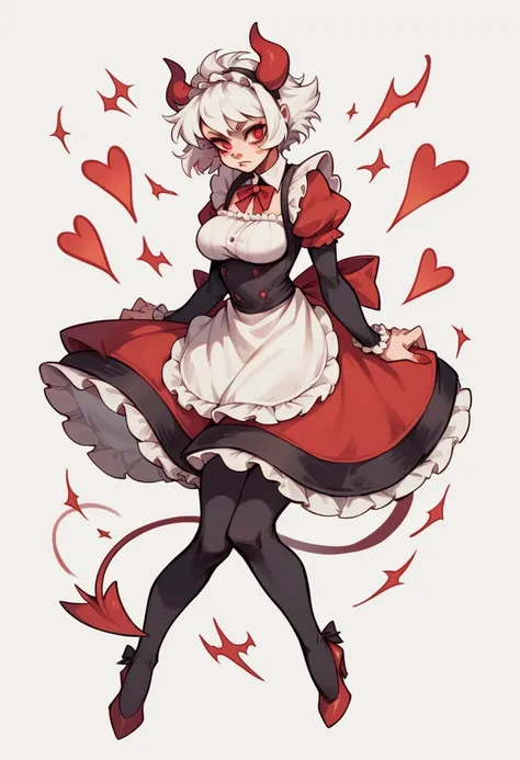 Teenage girl, devil girl, little red horns, white hair, short fluffy hair, big red eyes, pale skin, rosy cheeks, medium breasts, red cheeks, maid outfit. white background, full body