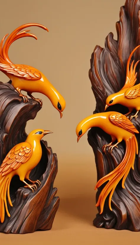 Amber carving design styles，Nine days of phoenix dance, Qi Baishi and Chen Longque、Chen Dingbo&#39;s dynamic illustration pumpkin carving, Octane Rendering,(best quality, masterpiece, representative work, Official Art, professional, 8K:1.3)