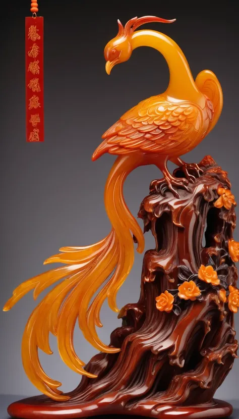 Amber carving design styles，Nine days of phoenix dance, Qi Baishi and Chen Longque、Chen Dingbo&#39;s dynamic illustration pumpkin carving, Octane Rendering,(best quality, masterpiece, representative work, Official Art, professional, 8K:1.3)