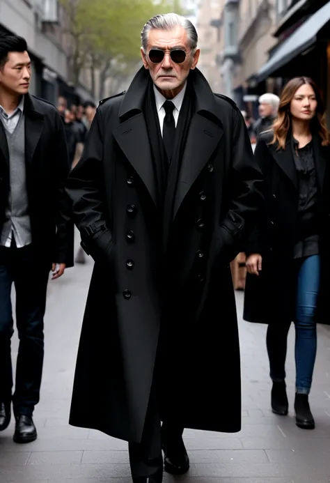 Attractive old man，Black trench coat，Simple and smooth，Stereoscopic cropping，Texture，HD，Street Fashion Show