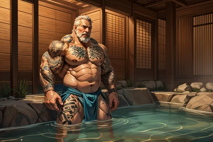 An old man soaking in an onsen, half submerged, (huge muscular), (yakuza tattoo), (full body tattoo+), detailed muscles, 8k, masterpiece:1.2, hyperrealistic, highly detailed full body, floating steam, rich colors, serene atmosphere, traditional Japanese se...