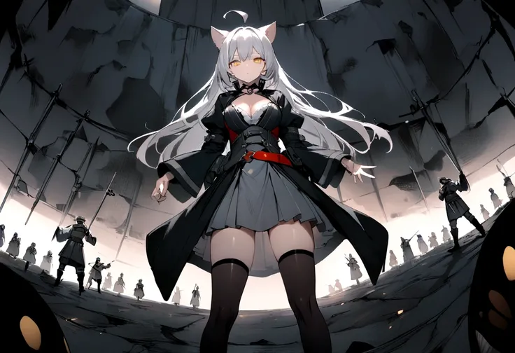 Dynamic Angles、Raising the German flag、Suspicious Gathering、Surrounded by enemies、(masterpiece, best quality:1.2), 1girl, 独奏、Gray cat ears、Grey long hair、Ahoge、Yellow Eyes、Gray cat ears、Background of military bases、Fisheye Lens、battlefield、Shadows of light...