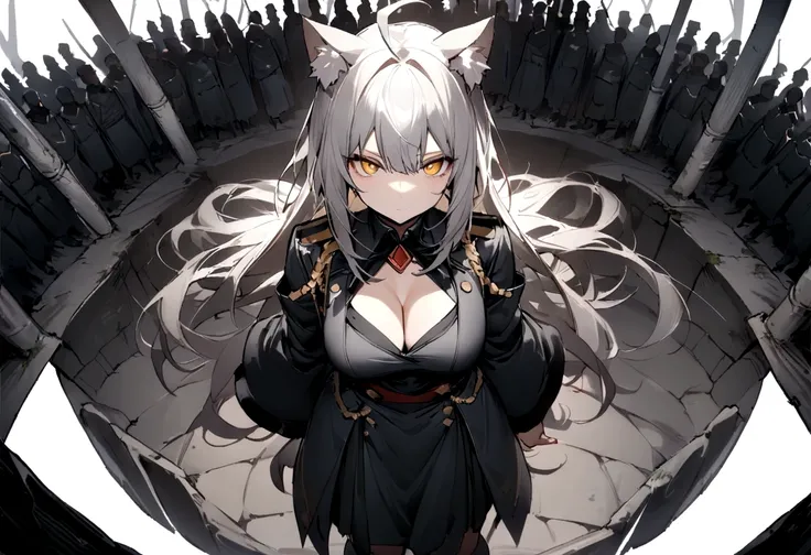 Dynamic Angles、Raising the German flag、Suspicious Gathering、Surrounded by enemies、(masterpiece, best quality:1.2), 1girl, 独奏、Gray cat ears、Grey long hair、Ahoge、Yellow Eyes、Gray cat ears、Background of military bases、Fisheye Lens、battlefield、Shadows of light...