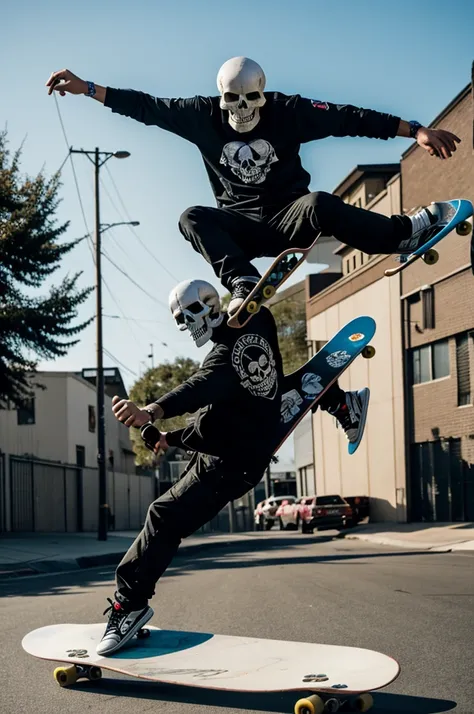 A skull-shaped crazy man on top of a skateboard doing a kitflip