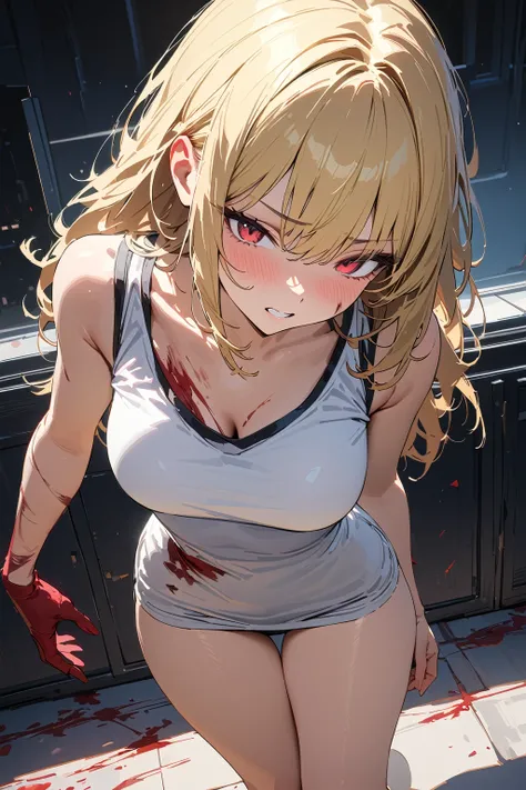 (masterpiece, best quality:1.5), (ultra detailed, high resolution, 8k, beautiful detailed, UHD, best anatomy), blonde hair, medium breasts, 1 cool girl, A frightened look on your face, full body shot, Numerous bloody wounds, Y-shirt