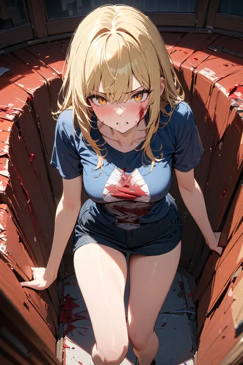 (masterpiece, best quality:1.5), (ultra detailed, high resolution, 8k, beautiful detailed, UHD, best anatomy), blonde hair, medium breasts, 1 cool girl, A frightened look on your face, full body shot, Numerous bloody wounds, Y-shirt