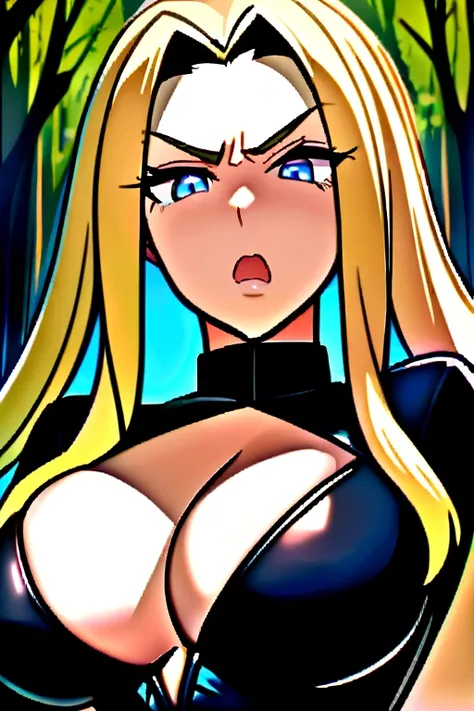 a busty long hair blonde woman blue eyes with a serious haughty face expression, open mouth, black leather jumpsuit, forest background, facing the camera, Big breast++, face camera, serious haughty face