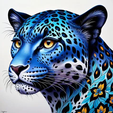 脸上有花卉图案的彩色Leopard子, Just a joke, jaguar head tattoodesign, alebrijes aesthetics, Extremely complex and colorful, the blue Leopard, detailed beautiful animals, inspired Very detailed and hypnotic, Leopard, the smooth black jaguar, high detailed Print, Print...