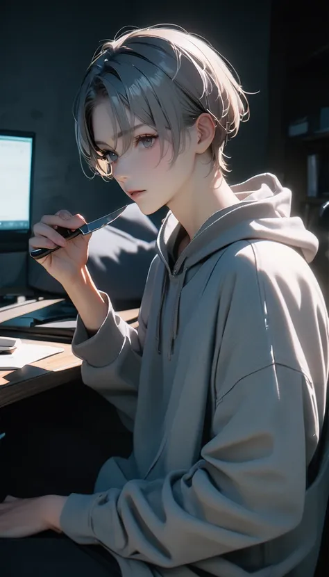 (8K, RAW photos, best quality, masterpiece: 1.4), (((The boy sits at the desk)))，Ultra-high resolution, Extremely detailed, light, Upper body close-up, handsome boy, black eyes, (delicate eyes, Eyes are bright:1.2), Gray short hair, Fair skin,dark, Grey sw...