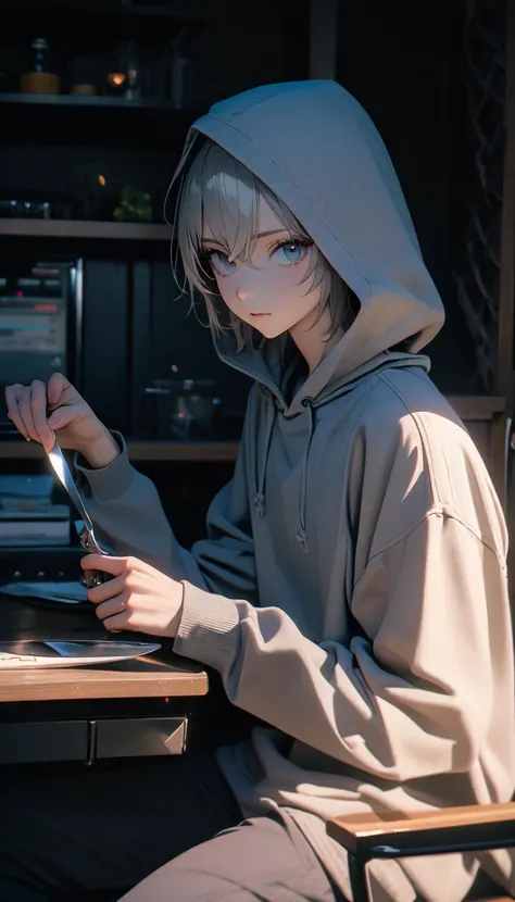 (8K, RAW photos, best quality, masterpiece: 1.4), (((The boy sits at the desk)))，Ultra-high resolution, Extremely detailed, light, Upper body close-up, handsome boy, black eyes, (delicate eyes, Eyes are bright:1.2), Gray short hair, Fair skin,dark, Grey sw...