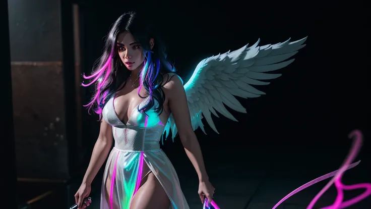 long shot, male angel of darkness walking to a beautiful sultry woman in white dress, cyberpunk, neon lights, 4k, realism, high definition, lots of neon colors smoke, High resolution, Vibrant, High contrast, HDR, extremely detailed, ultra sharp, sharp focu...