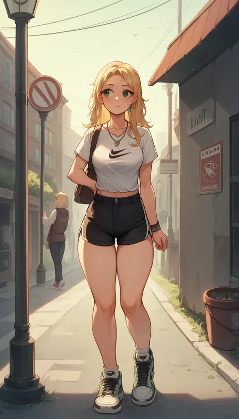 A young american  cute woman with a slender build is wearing a white shirt and black shorts. She is standing on a sidewalk next to a street light. The woman has long blonde hair and is looking away from the camera. The street light has a sign on it and the...