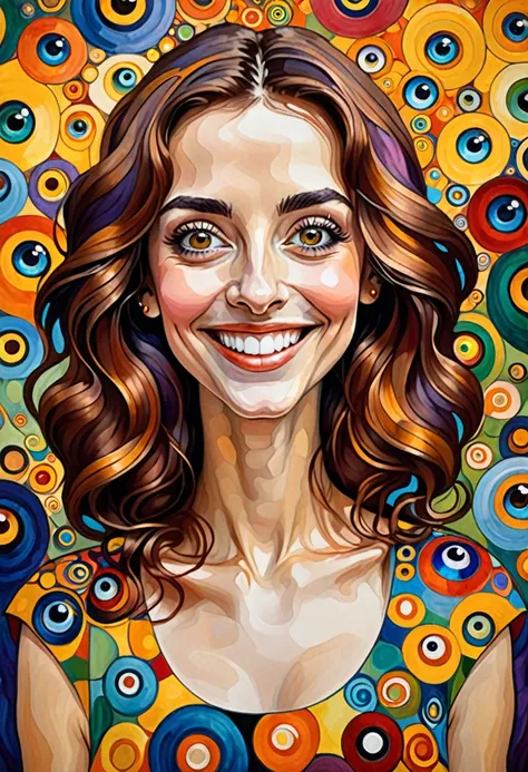 Colorful woman smiling, huge eyes, Gustav Klimt style realistic caricature proportion 