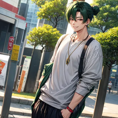 anime panel,upper body, 1Male,solo Korean, attractive man, dark green hair, medium hair, tied in a bun, gray slanted eyes, casual clothes, necklace, piercing, park background,smiling