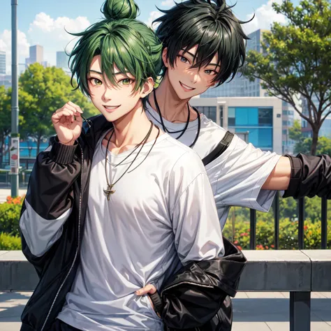 anime panel,upper body, 1Male,solo Korean, attractive man, dark green hair, medium hair, tied in a bun, gray slanted eyes, casual clothes, necklace, piercing, park background,smiling