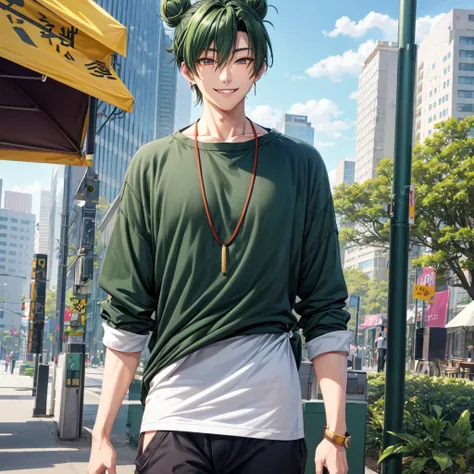 anime panel,upper body, 1Male,solo Korean, attractive man, dark green hair, medium hair, tied in a bun, gray slanted eyes, casual clothes, necklace, piercing, park background,smiling