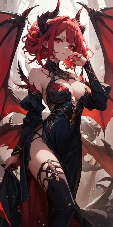 (score_9,score_8_up,score_7_up),1girl,girl demon,red hair,red eyes,wings,claws,black dress,beautiful_face,