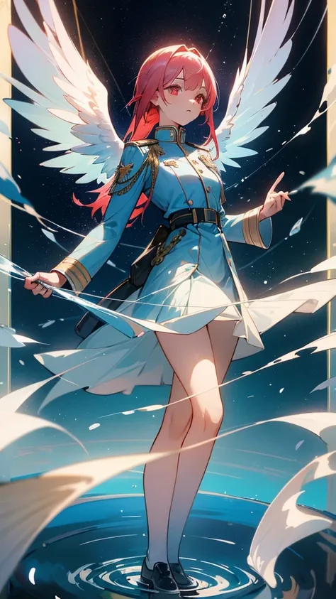 a beautiful young girl with blue angelic wings spread out like stained glass, light blue hair,piercing red eyes, translucent hair color, military-style uniform, standing on water with ripples spreading out, shimmering light particles, rays of light, soft b...