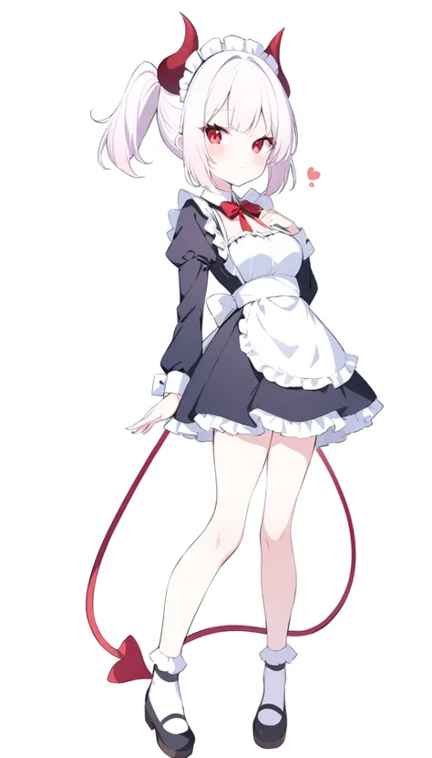 Teenage girl, devil girl, little red horns, white hair, short fluffy hair, big red eyes, pale skin, rosy cheeks, medium breasts, red cheeks, maid outfit. white background, full body