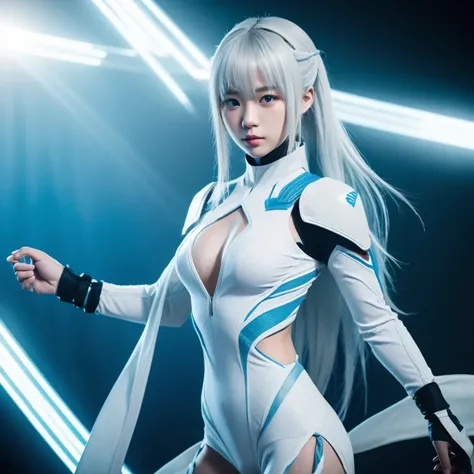 Korean girl, white long hair with bangs, icy blue eyes, white skin, white skimpy ninja suit, video game style, mortal kombat style