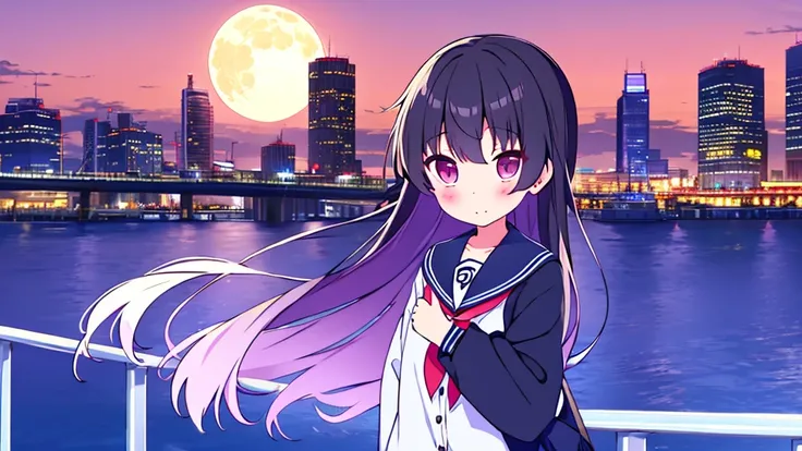 Shinjuku skyscraper district　full moon night　big moon　elementary school girl　8-year-old　flat chest　black hair　long hair　eyes are purple　（（1 person））　Cardigan on top of white long-sleeved sailor uniform　Lower body navy blue 