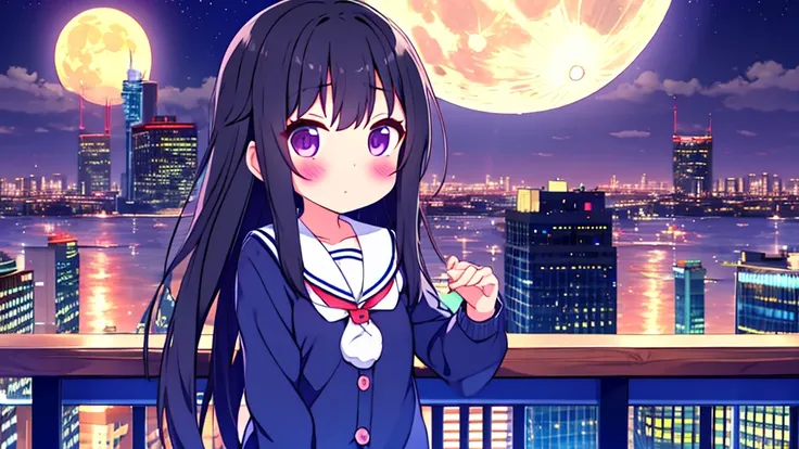 Shinjuku skyscraper district　full moon night　big moon　elementary school girl　8-year-old　flat chest　black hair　long hair　eyes are purple　（（1 person））　Cardigan on top of white long-sleeved sailor uniform　Lower body navy blue 