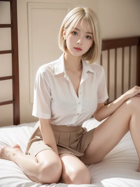 real、( face, virgin face,  masterpiece, 1 Girl, Very detailed, Fine skin, White skin, Lighten up the subject, Movie Light, beautiful face, Beautiful Eyes, Lip gloss), (((Ash Blonde Hair)))、((Short Bob))、((school uniform))、open shirt、Emphasize the cleavage、...