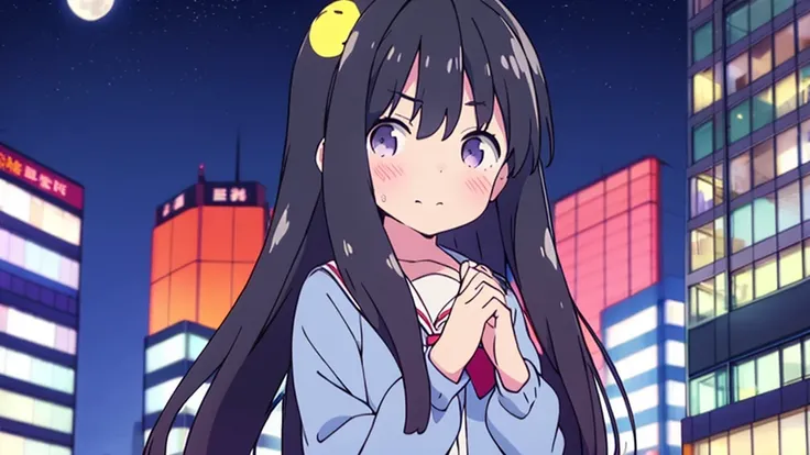 Shinjuku skyscraper district　full moon night　big moon　elementary school girl　8-year-old　flat chest　black hair　long hair　eyes are purple　（（1 person））　Cardigan on top of white long-sleeved sailor uniform　Lower body navy blue 