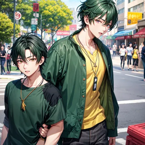 anime panel,upper body, 1Male,solo Korean, attractive man, dark green hair, medium hair, falling on shoulders, gray slanted eyes, casual clothes, necklace, piercing, park background