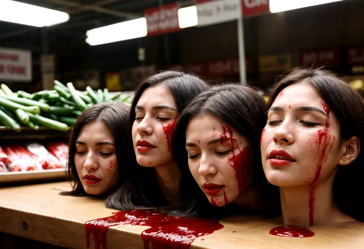 Several decapitated heads of beautiful women, on a table, in a public market, full of blood, blood flowing, ((eyes closed)), bleeding, photorealistic, 4K, Nikon, horror, public market