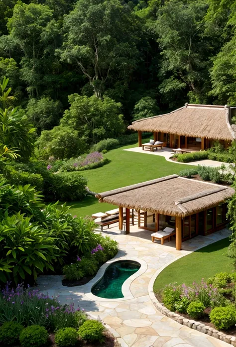 A breathtaking view of a luxurious and sustainable eco-resort nestled within 50 hectares of pristine land. The resort, designed with environmentally-friendly materials, harnesses renewable energy and blends harmoniously with its surroundings. Stunning gard...